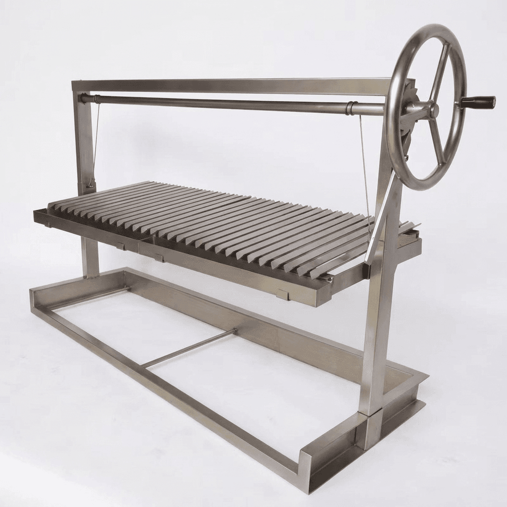 Asado Santa Maria-grill i rostfritt stål, studiobild på vit bakgrund